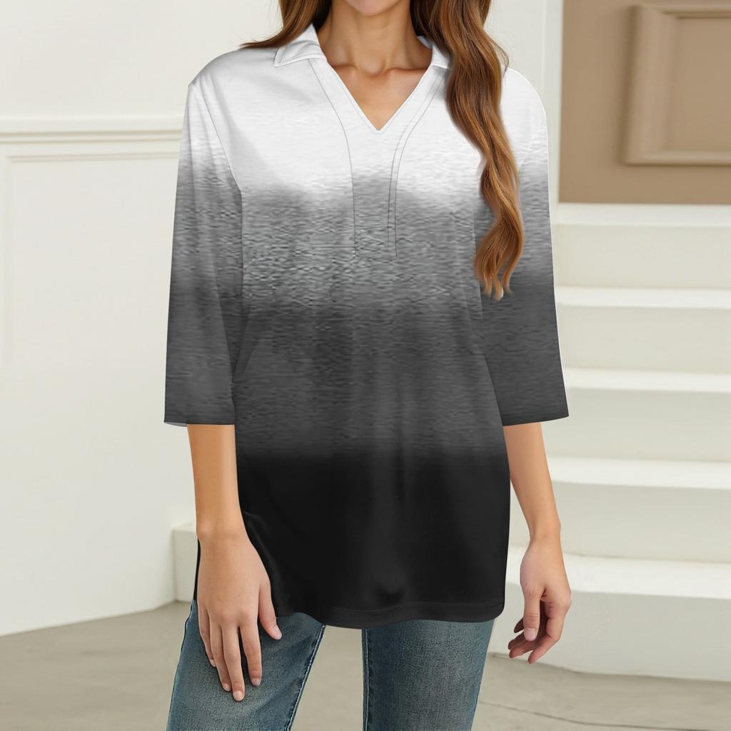 Damenmode Lässig Revers 3/4 Ärmel Print Hemd Damen V-Ausschnitt Oberteile