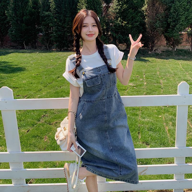 2025 Summer Casual T-Shirt and Denim Overall Skirt Set for Women