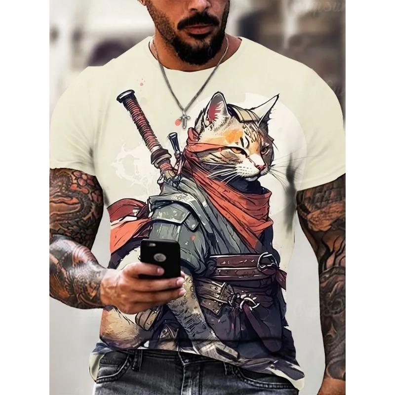 Men's Shirt Style Samurai Cat Graphic 3D Printed Fashion T-Shirt Casual Short Sleeved Tee Ersized Men Clothing Tshirt