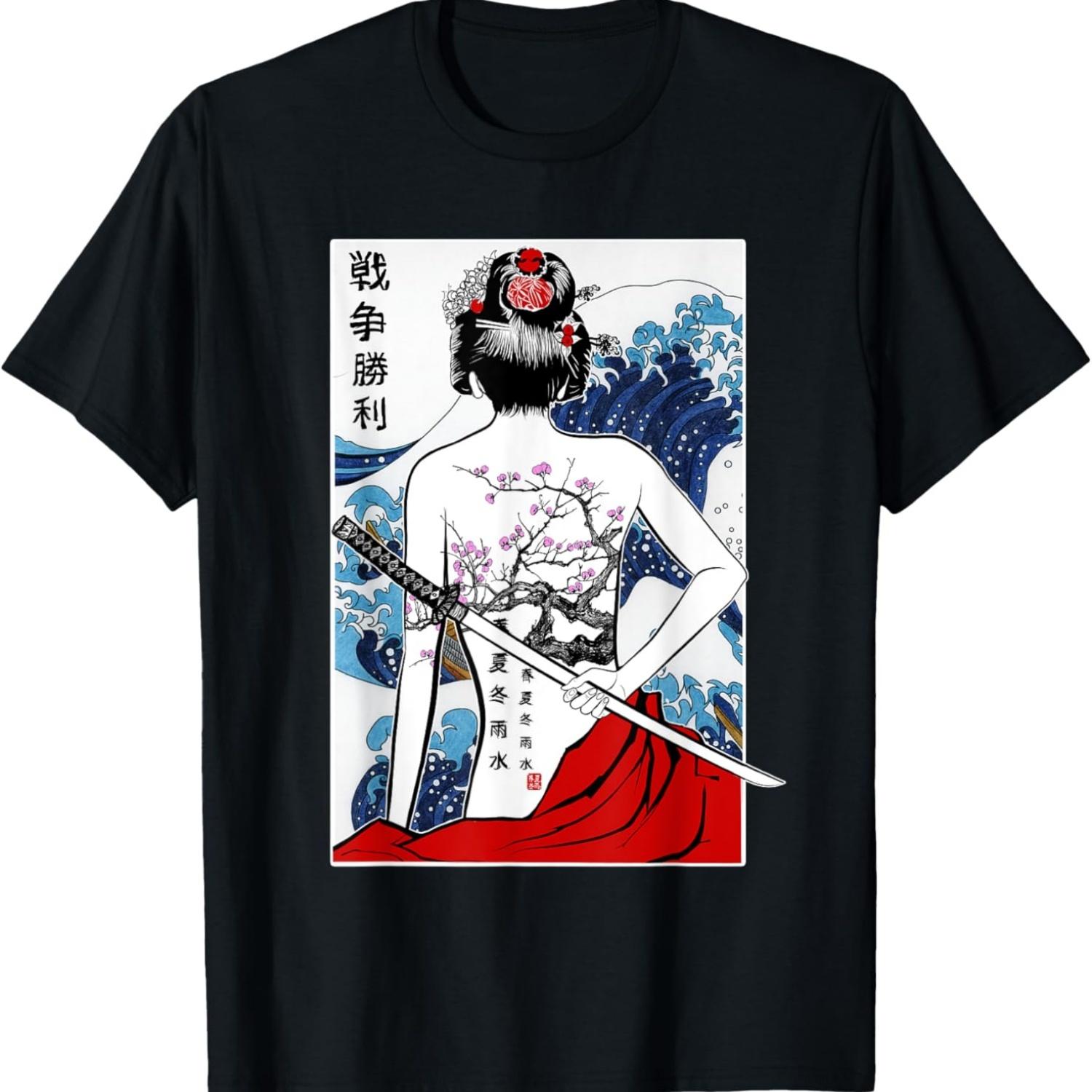 

Kanagawa Wave Graphical Samurai Ninja Girl Sakura T-Shirt S чёрный