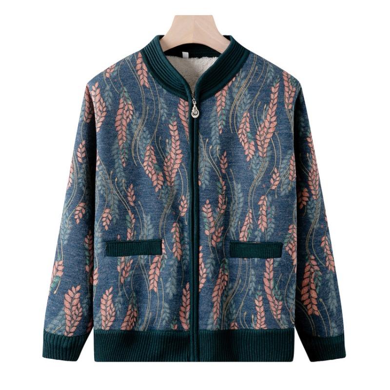 Mom's Autumn and Winter New Fleece Cardigan Medium Grandma Thickened Top Cardigan Knitted Sweater for the Elderly