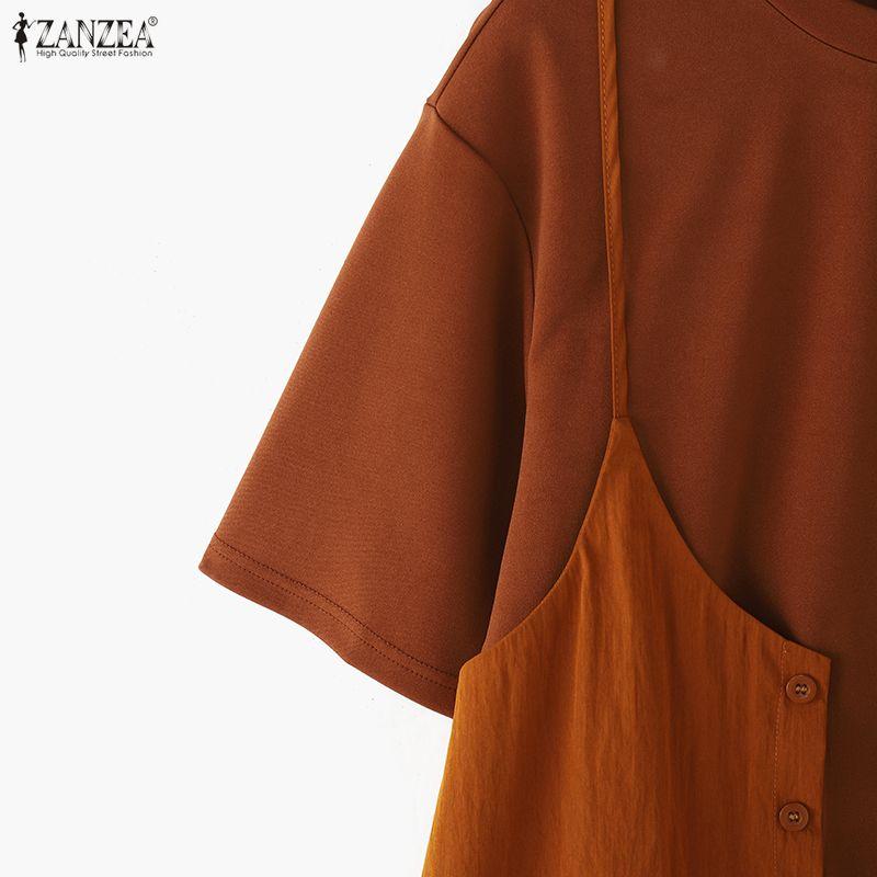 ZANZEA Women Casual Round Neck Summer Short Sleeve Irregular Blouse