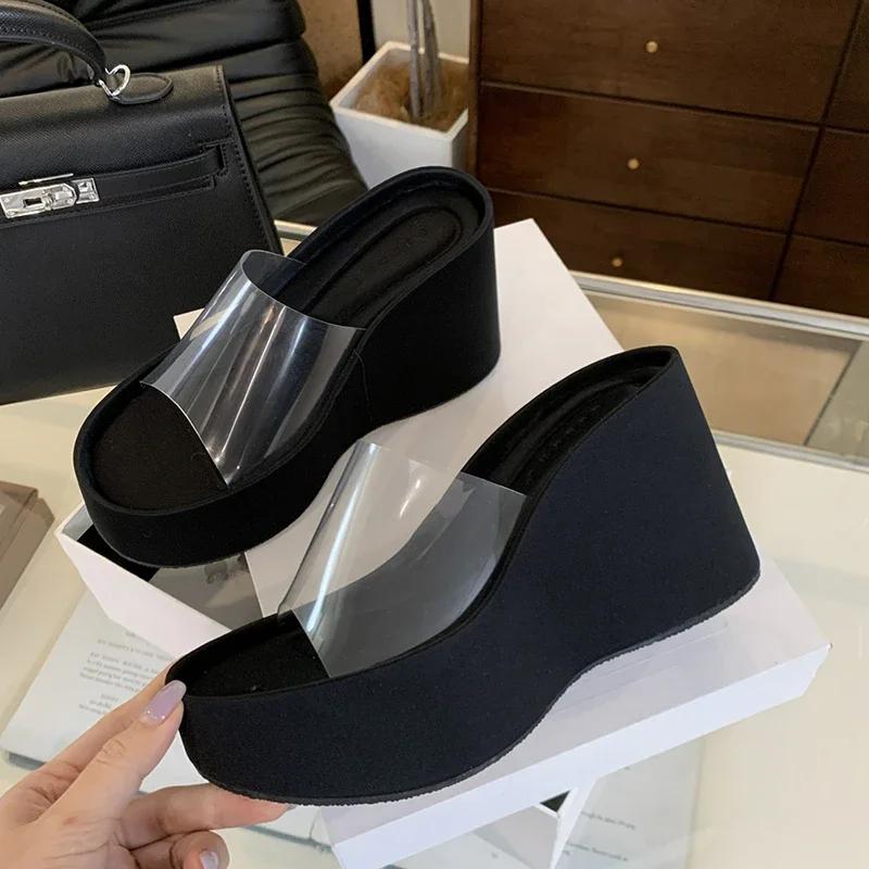

Летние женские тапочки на толстой подошве, модные элегантные шлепанцы из ПВХ с прозрачной платформой и танкеткой, женские повседневные пляжные сандалии для отдыха на открытом воздухе 39 чёрный