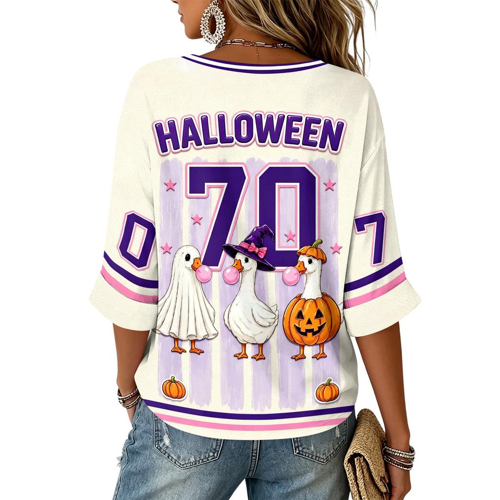 Women's Casual Fashion Three-Quarter Sleeve V-Neck Top with Halloween Print