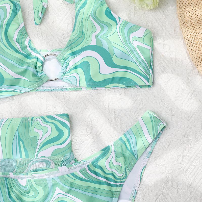 Women's Swimsuit Printed Sexy Halter High Waist Three-piece Bikini Set