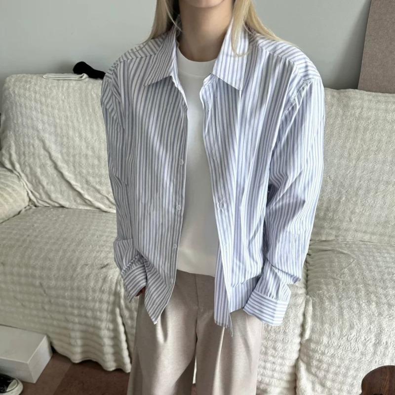 Blue White Striped Boxy Fit Long Sleeve Casual Shirt