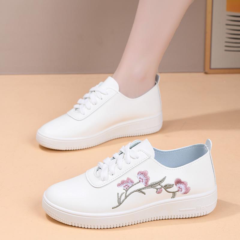 Women's White Leather Mesh Shoes - Breathable, Non-slip, Soft Sole, Korean Style for Spring & Summer