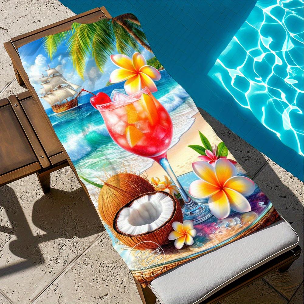 1pc Tropical Beach-Inspired beach towel: Painted Drink, Coconut, Plumeria for Summer Fun hand towel