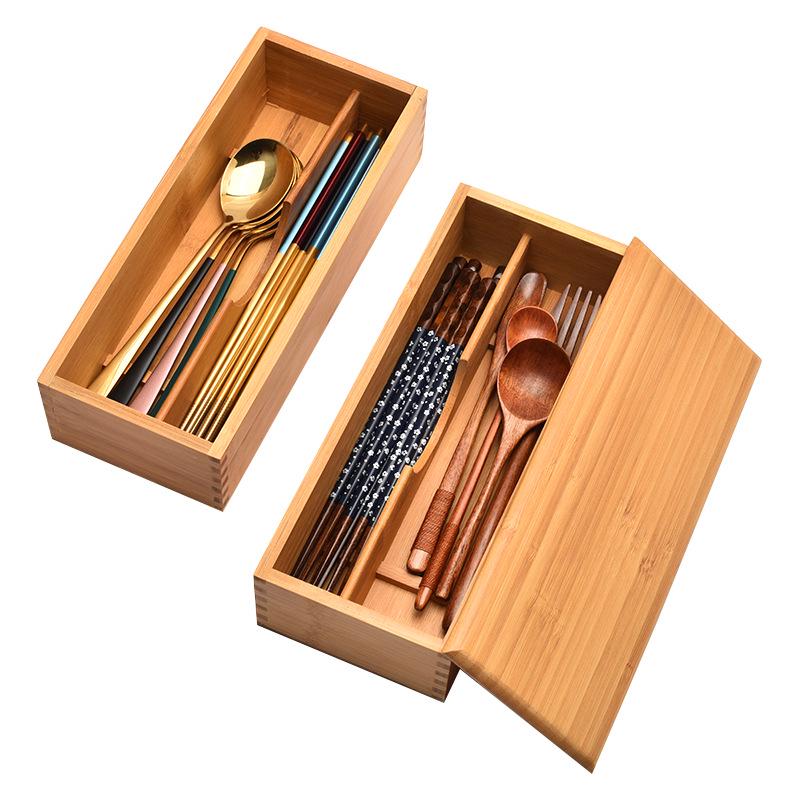 Engraved Tableware Storage Box with Cover: Japanese Chopstick, Spoon, and Fork Compartment
