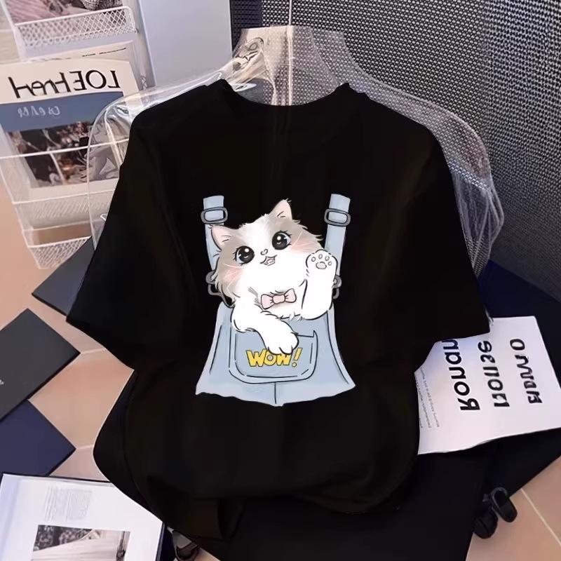 Cross-Border E-commerce Women's Cartoon Kitten Print Short-Sleeve T-Shirt, 2026 Summer, Plus Size, Loose Fit, Trendy Slimming Design.