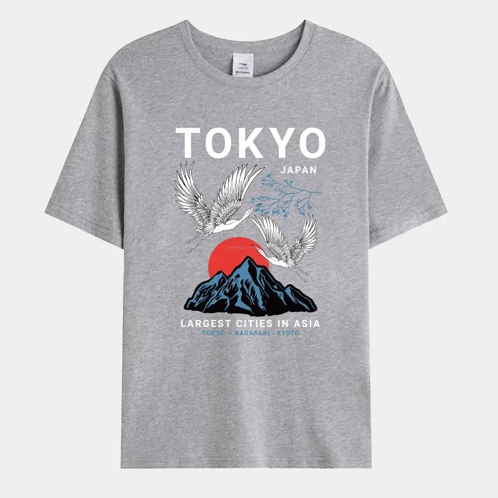 Summer Men's T-shirt Japan Tokyo Flying Crane Printed T-shirt Fashion Street Short Sleeve Oversized Tee Shirt Men Clothes