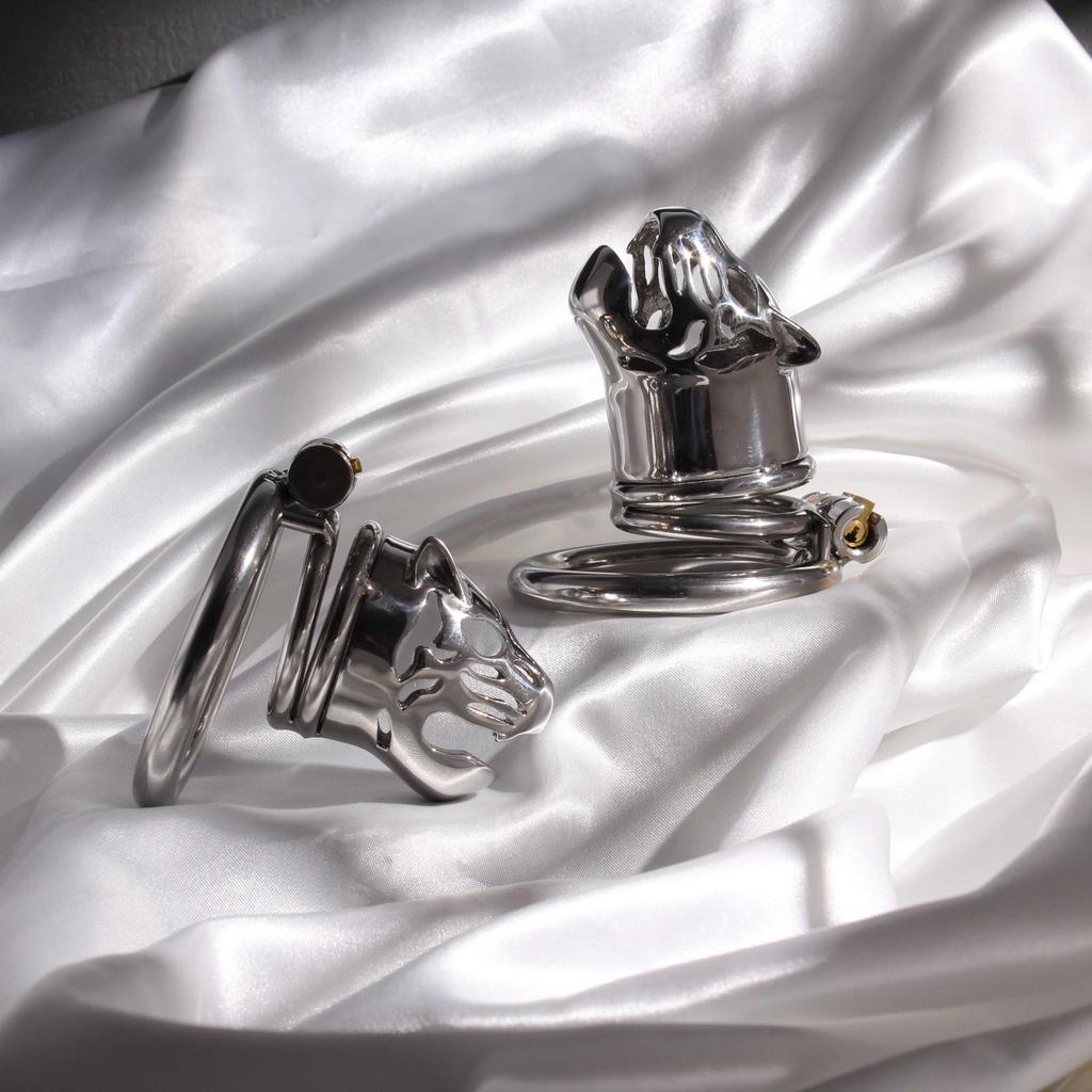 Manyjoy New Stainless Steel Animal Tiger Head Male Penis Cage Chastity Device Semen Lock Rings  Erotic Sex Toys for Man Gay