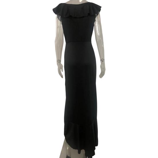 Women Evening Dress Ruffle Patchwork V Neck Slim Fit Irregular Hem Sleeveless Floor Length Pure Color Ball Gown Party Banquet Maxi Dress