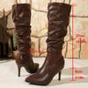 Fashion Pleated Design Stiletto Heels Long Boots Women Fashion Point Toe Knee High Boots Woman Autumn Winter PU Leather Botas Mujer 2025
