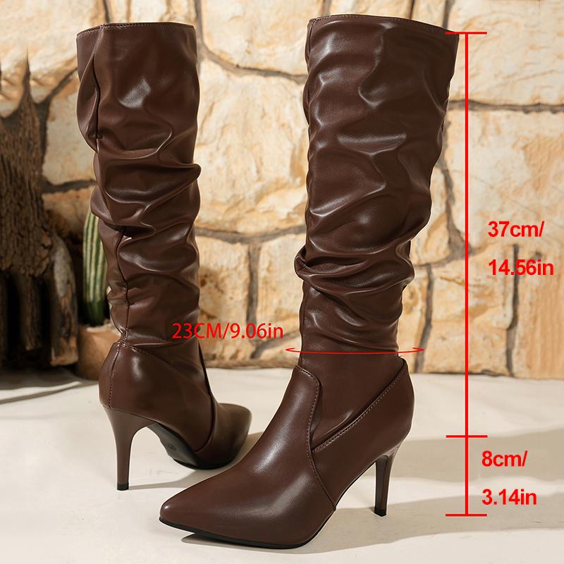 Fashion Pleated Design Stiletto Heels Long Boots Women Fashion Point Toe Knee High Boots Woman Autumn Winter PU Leather Botas Mujer 2025