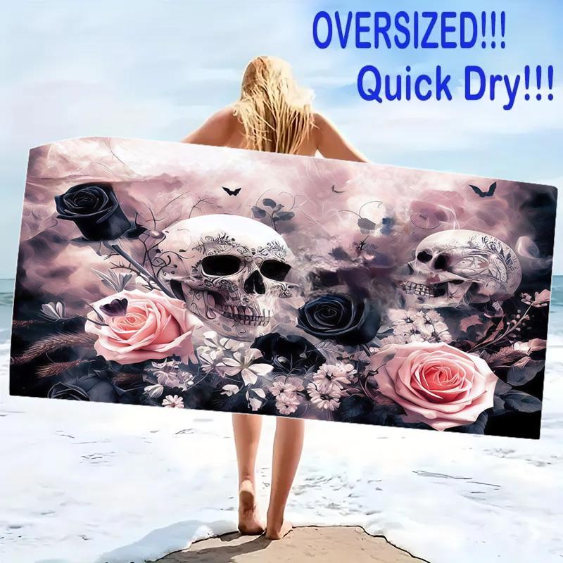 Floral Skull Art Print Beach Towel, Large Soft Quick Dry Towel for Beach Camping Swimming