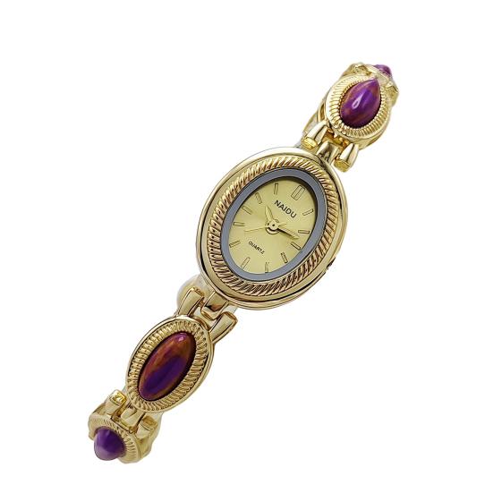 Faux Gemstone Bracelet Watch Ladies Vintage Oval Dial Wristwatch Elegant Quartz Watch Gift for Her Girlfriend Mom Wife