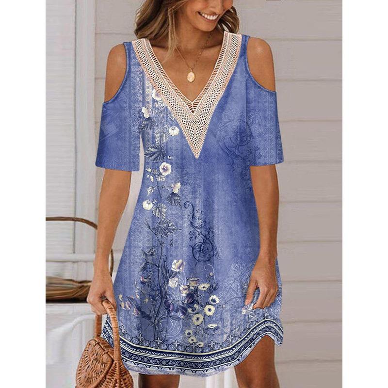 Dámská móda Léto Jaro Květinový potisk 1/2 rukávy Výstřih do V Volný pas Šaty pro volný čas