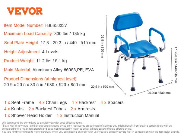 SucceBuy Otočná sprchová židle 360 stupňů nastavitelná s područkami a opěradlem pro sprchu nebo vanu protiskluzová pro seniory, osoby se zdravotním postižením