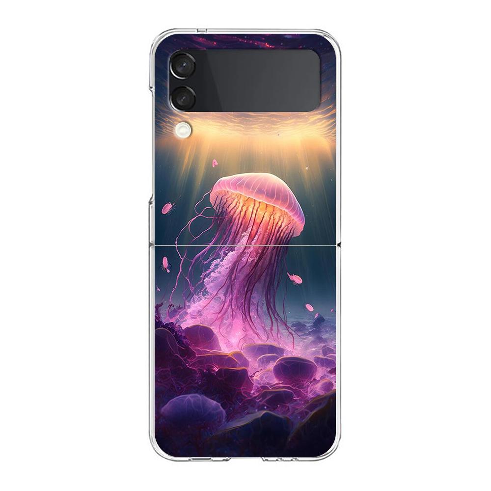 Phone Cover For Samsung Galaxy Z Flip 6 5 4 Case Transparent For Samsung Z Flip 3 Hard PC Foldable Shell Pink Jellyfish Oceanic