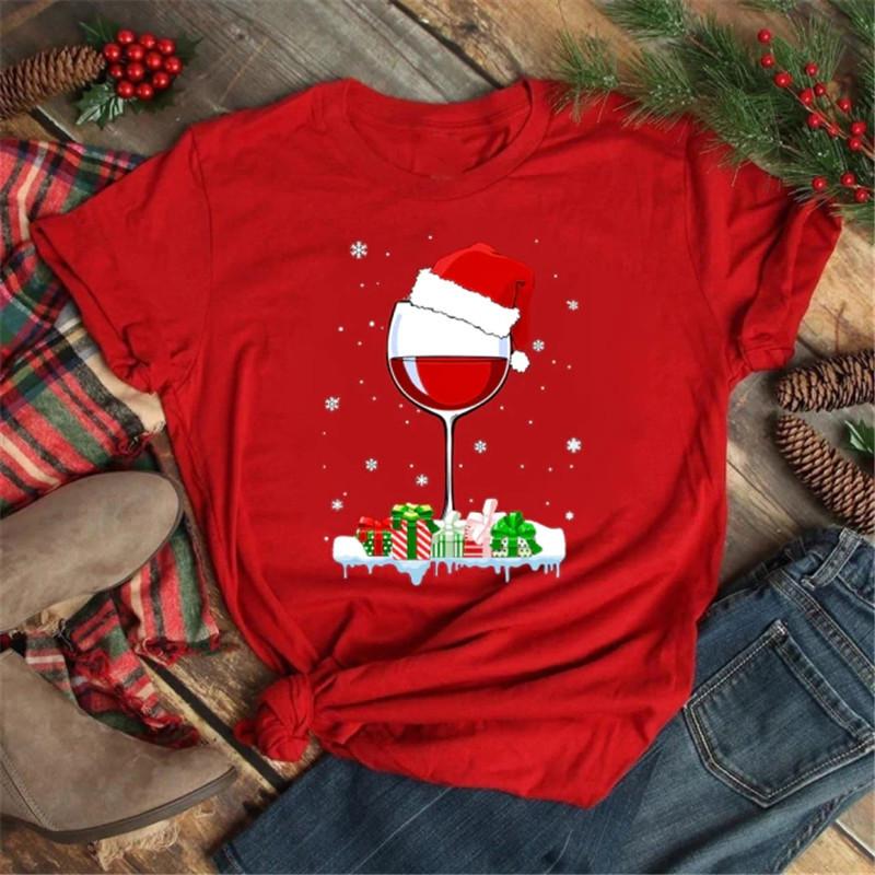 Polyester  100% New Christmas Happy Christmas Tree Santa Claus Casual and Fashionable Round-neck Short-sleeved Women's Base Tops