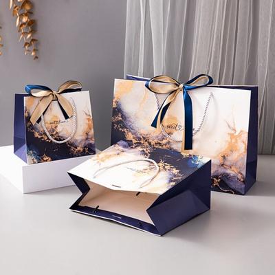 3 Stück Geschenkverpackungstüten Goldblaues Marmormuster Papiertüten mit Griffen für Geschenke