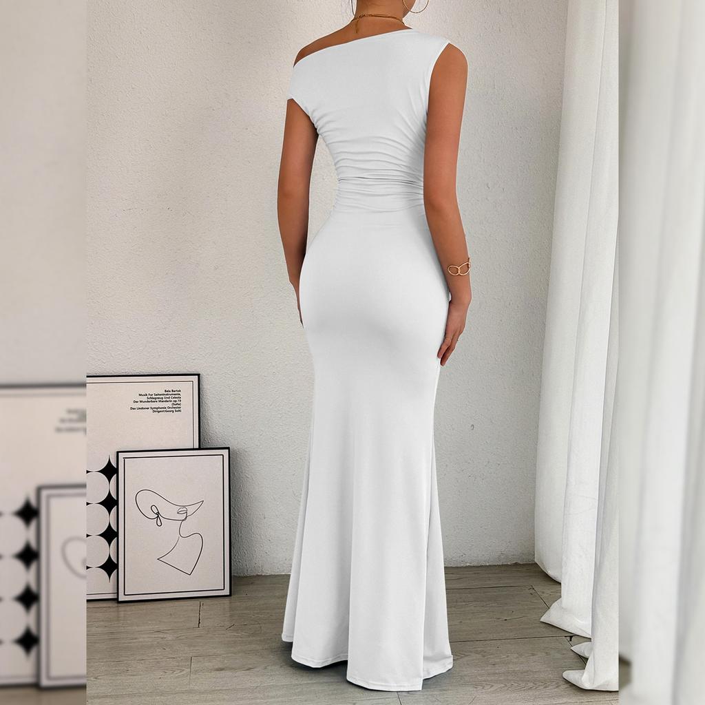 European and American Women's Fishtail Skirt with Sloping Shoulder Collar and Sleeveless Sexy Dress