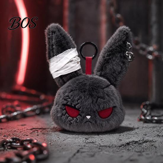 Stress Relief Plush Doll with Metal Hanging Loop, Dark Style Rabbit Pendant Bandage Stitched Keychain Toy, Funny Expression Doll, Collectible Toy Loop