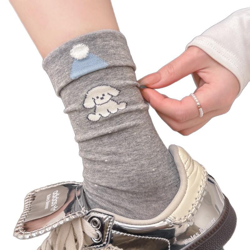 Korean Blue-Gray Striped Mid-Calf Socks - Women's Combed Cotton, Cute Puppy Design