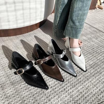 Fashion 2025Spring Women's Heeled Single Shoes Fashionable Mid-heel Gold Buckle  Jane Shoes  Pointed Toe Boat Shoes Zapatos Mujer