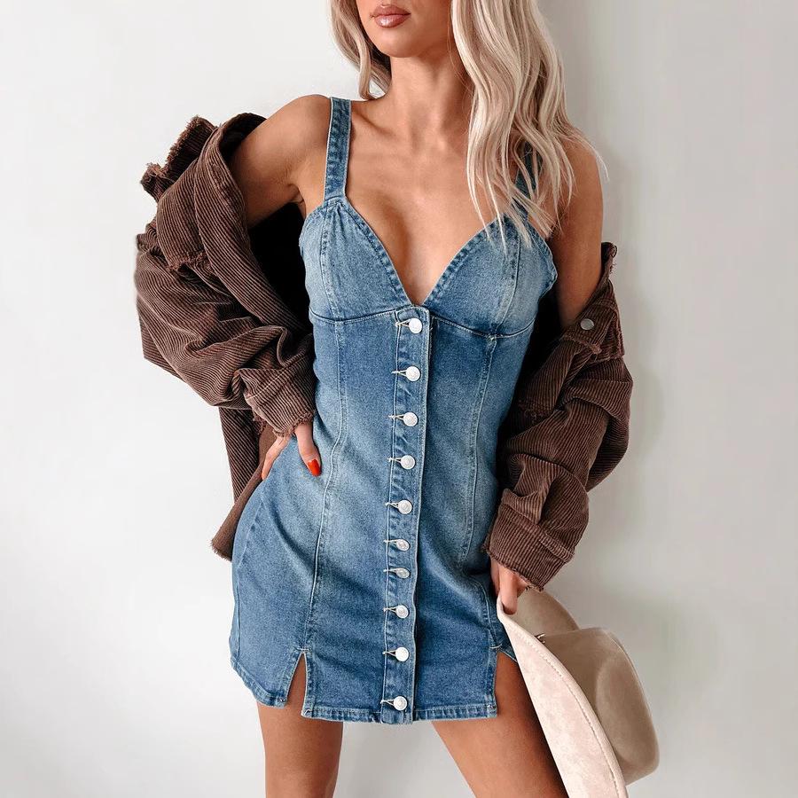 2024 European & American Women's Summer Sweet-Spicy Cardigan Style Retro Denim Suspender Dress