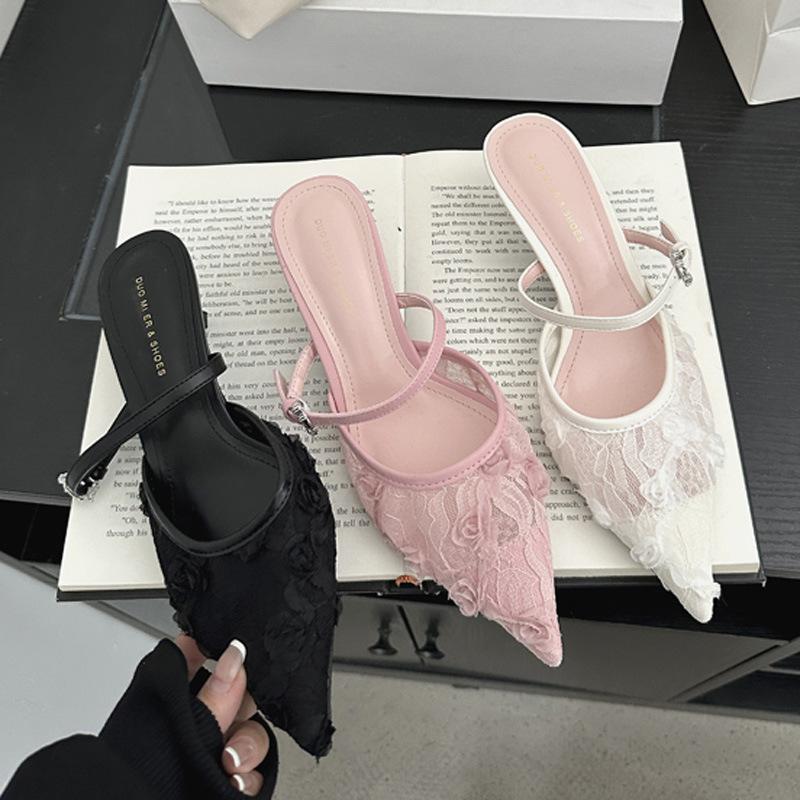 Pointed lace high-heeled slippers, new black breathable mesh stiletto sandals with skirt women's shoes