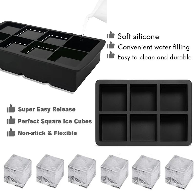 Ice Cube Tray Silicone Ice Mold Large Ice Cube Mold Square Ice Cube Maker Ice Cube Tray 4/6/8 Grid for Whiskey Cocktail Ice Mold