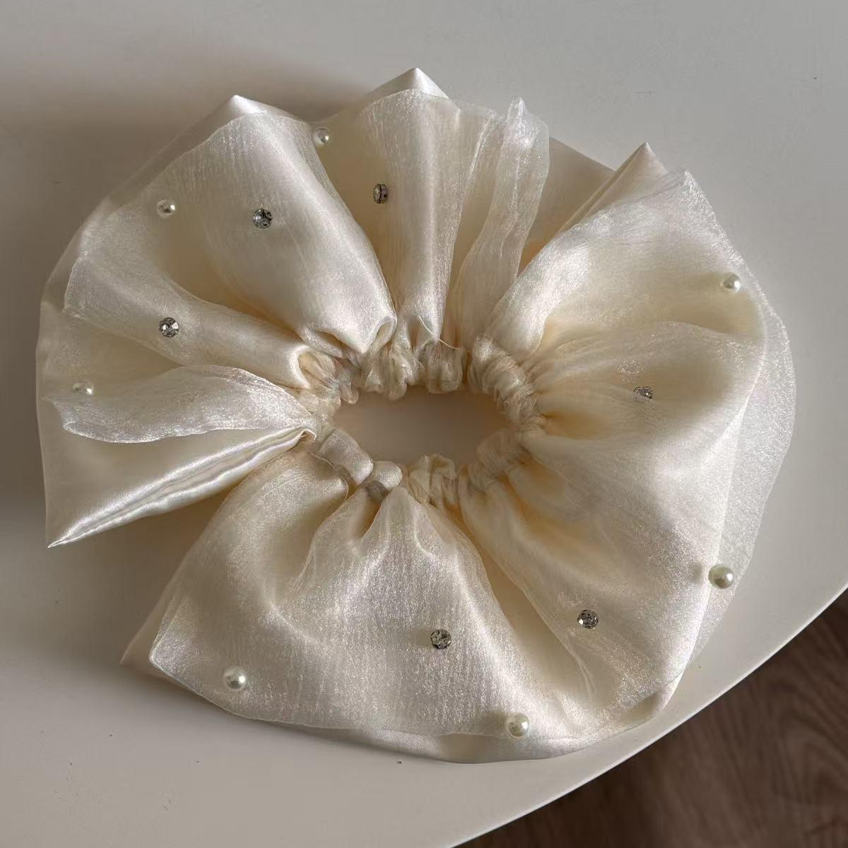 Elegant Double Layer Pearl Mesh Hair Tie - Retro Polka Dot Updo for Women