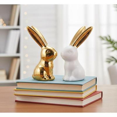 Home Decor Rabbit Statues,1 Pair, Small Decorative Accents for Shelves, Livingroom and Bedroom, Gold and White (Rabbit)