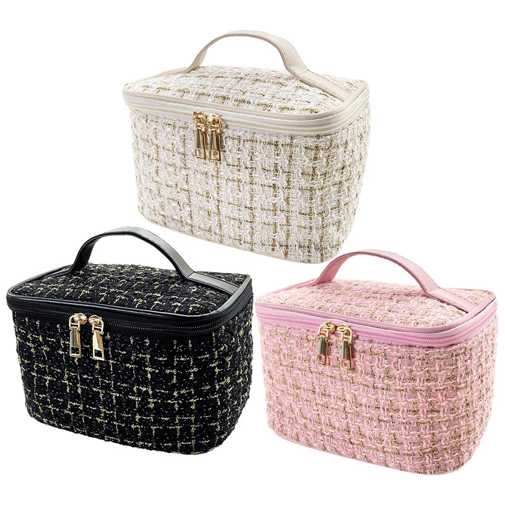 Large Capacity Plaid Cosmetic Bag Korean Tweed Makeup Organizer Toiletry Bag Women Travel Portable Storage Case