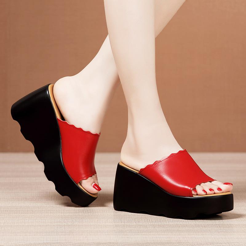 8cm Small Plus Size 32-43 Elegant Comfortable Leather Slippers Platform Wedges Shoes 2025 High Heels Slides for Office Model Mom