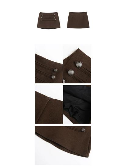 Moqie Stylish Retro Double-Breasted High-Waist Slim A-line Wool Skirt MQ1075