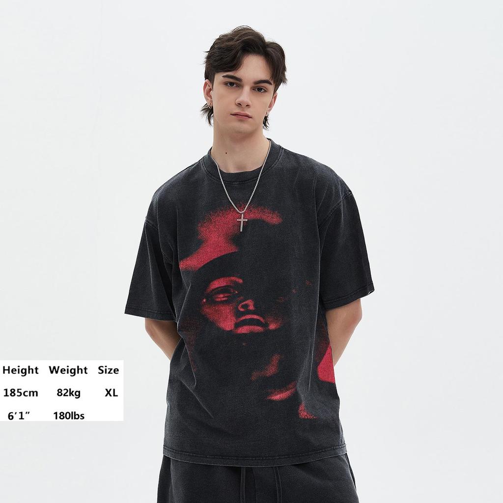 Streetwear Half Face T-Shirt Cotton Washed Black Tshirt Tops Tees Summer Short Sleeves T Shirt