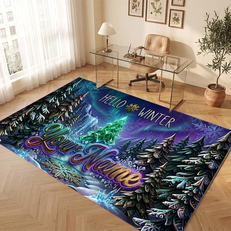 Winter Theme Soft Crystal Velvet Rug Custom Name & Text Print Non Slip Floor Rug for Bedroom Living Room