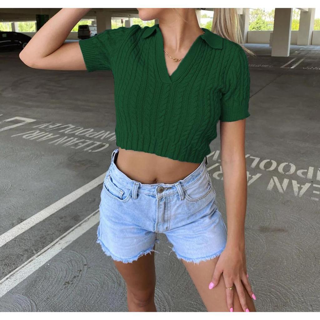 T-shirt tinta unita a maniche corte slim lavorata a maglia moda donna estiva