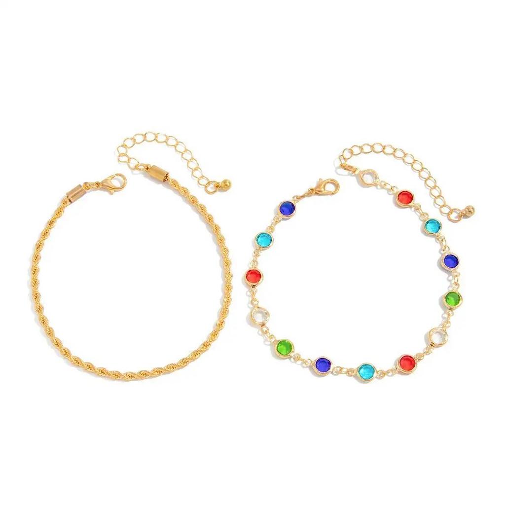 Ingemark Y2K Boho Colorful Crystal Chain Anklet for Women Summer Beach Trendy Exquisite Barefoot Ankle Bracelet Leg Jewelry Gift