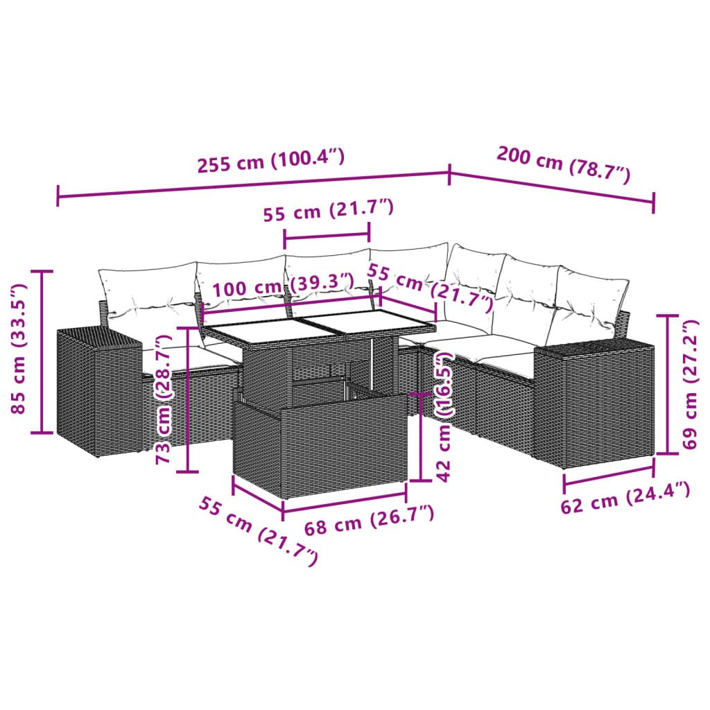 7-teiliges Gartensofa-Set mit Kissen Schwarzes Poly-Rattan