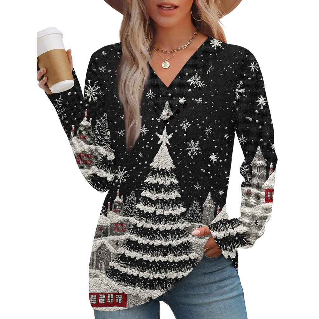 Women's Fashion Casual V-neck Pleated Christmas Long Sleeve Top