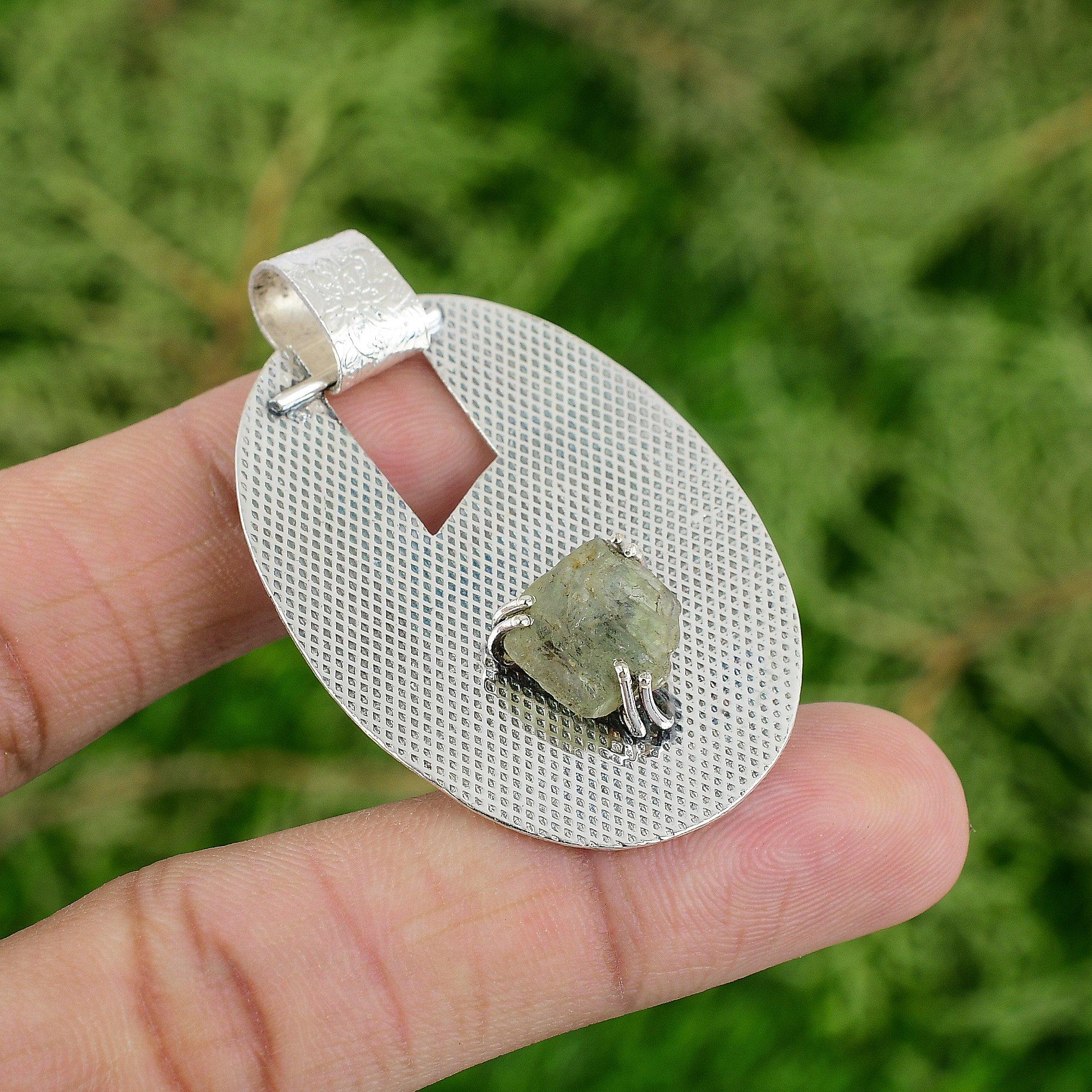 

Daughters Day Sale Sterling Silver Green Amethyst Rough Stone Artisan Pendant