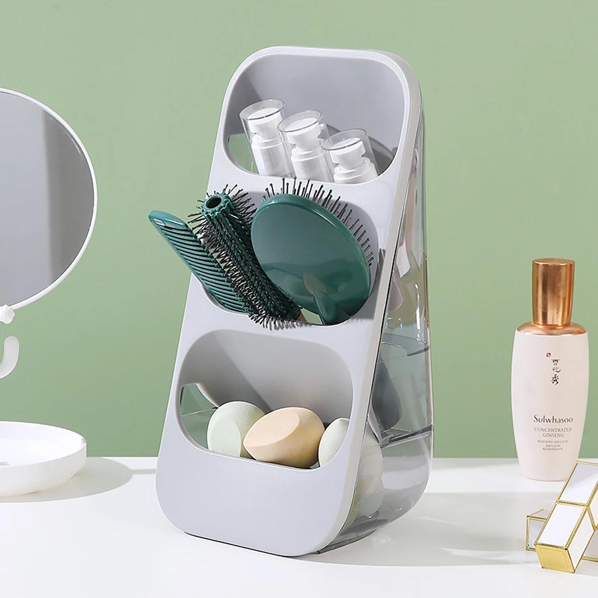 

Бытовая многослойная подставка для хранения палочек для еды и ложек, кухонная пыленепроницаемая подставка, трехсекционный ящик для хранения косметики и инструментов серый