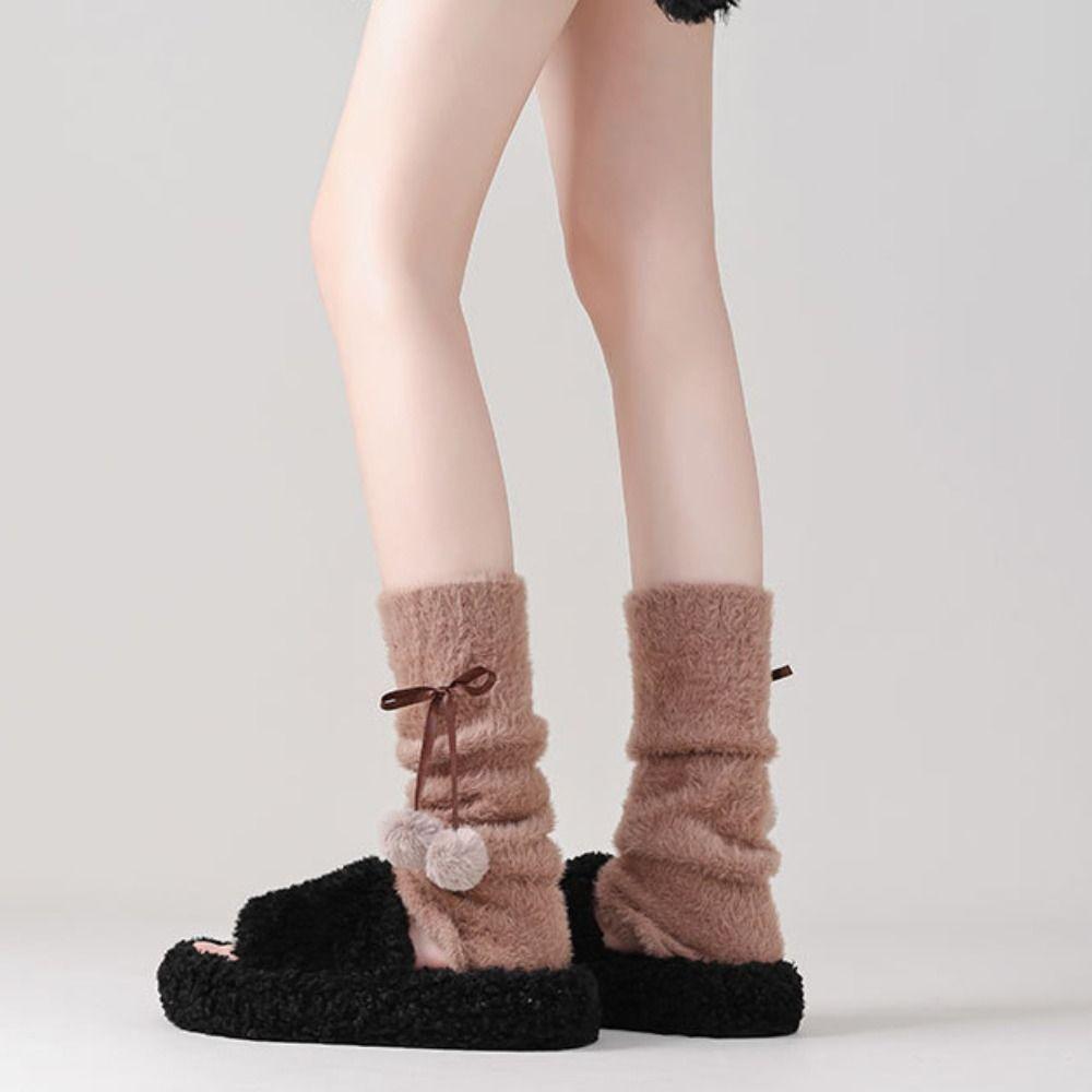 Plush Balls Balletcore Plush Stockings Y2k Lolita Bowknot Leg Warmer Fall Winter