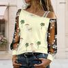 Plus Size Women Asymmetric Shoulder Long Sleeve Top Beach Palm Tree Print Mesh Lace Splicing Blouse