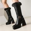 Women's High Heel Boots Autumn and Winter New Waterproof Platform Thick Heel Large Size Plush Mid-calf Boots