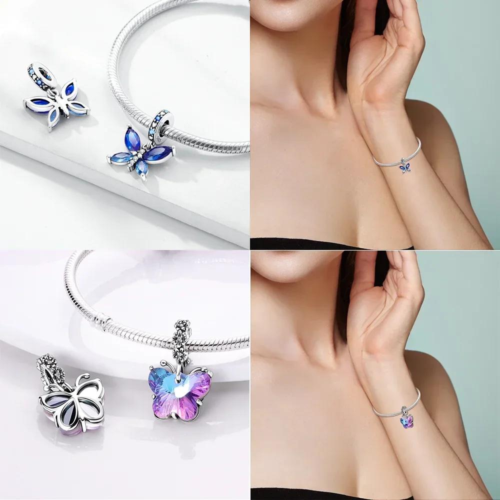 Exquisite Copper Blue Series Butterfly Beads Pendant Fit Bangle Charms Bracelet Diy Women Original Jewelry Gifts